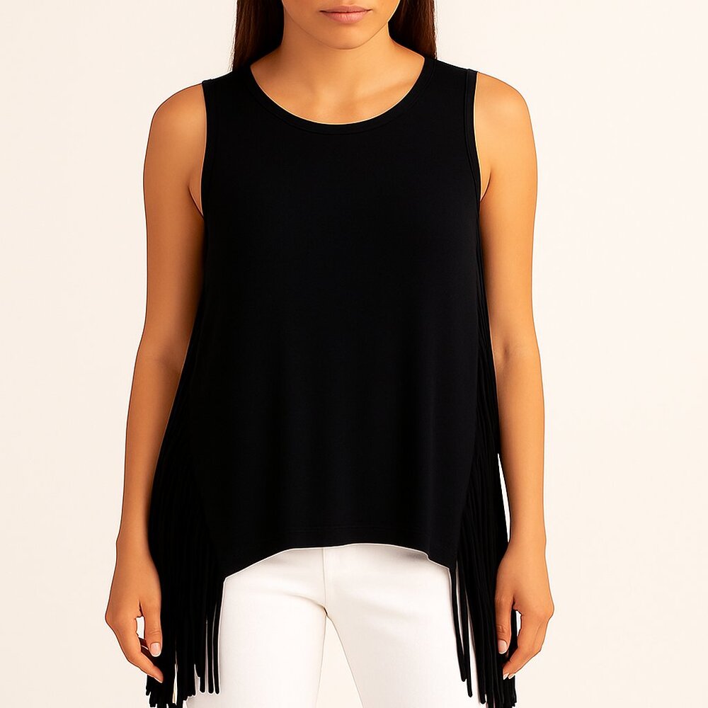 Riller & Fount Black Fringe Open Side Tank Top L (Size 3) Modal Blend